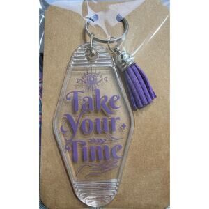 Take Your Time Clear & Purple Tassel Vintage Hotel Motel Keychain Key Chain